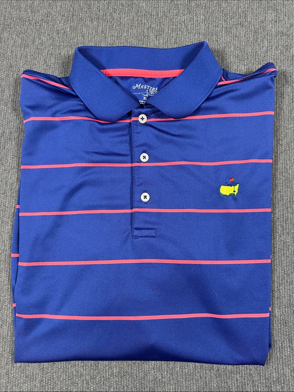 Masters Tech Golf Logo Blue Polo with Pinkish Red Stripes Augusta National XL